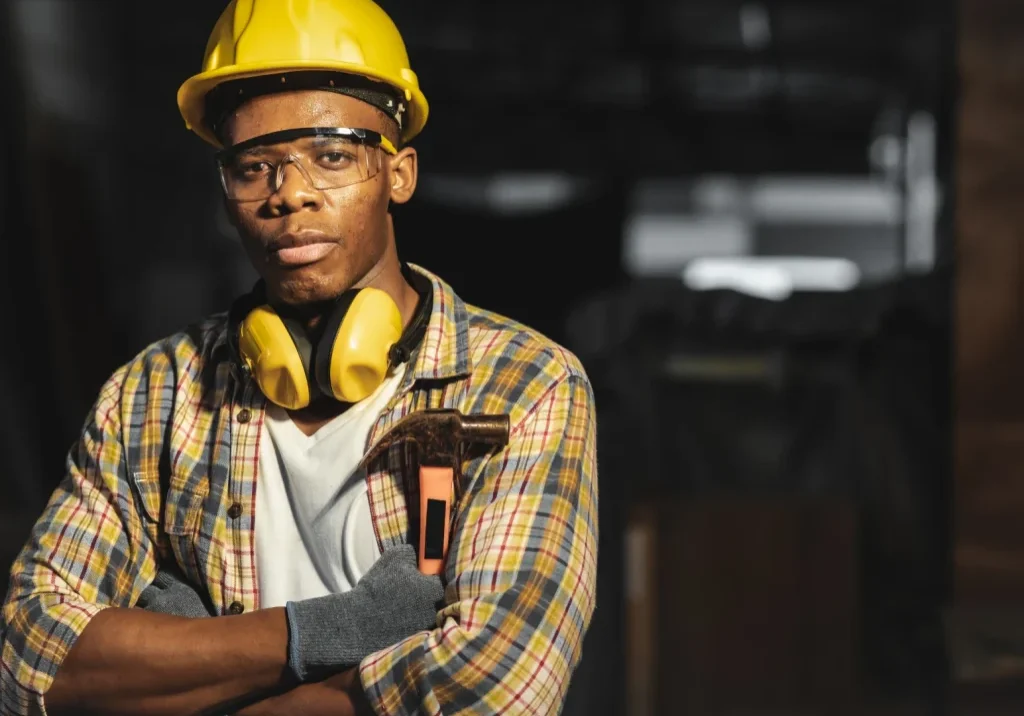 Confident construction worker with safety gear and tools.
